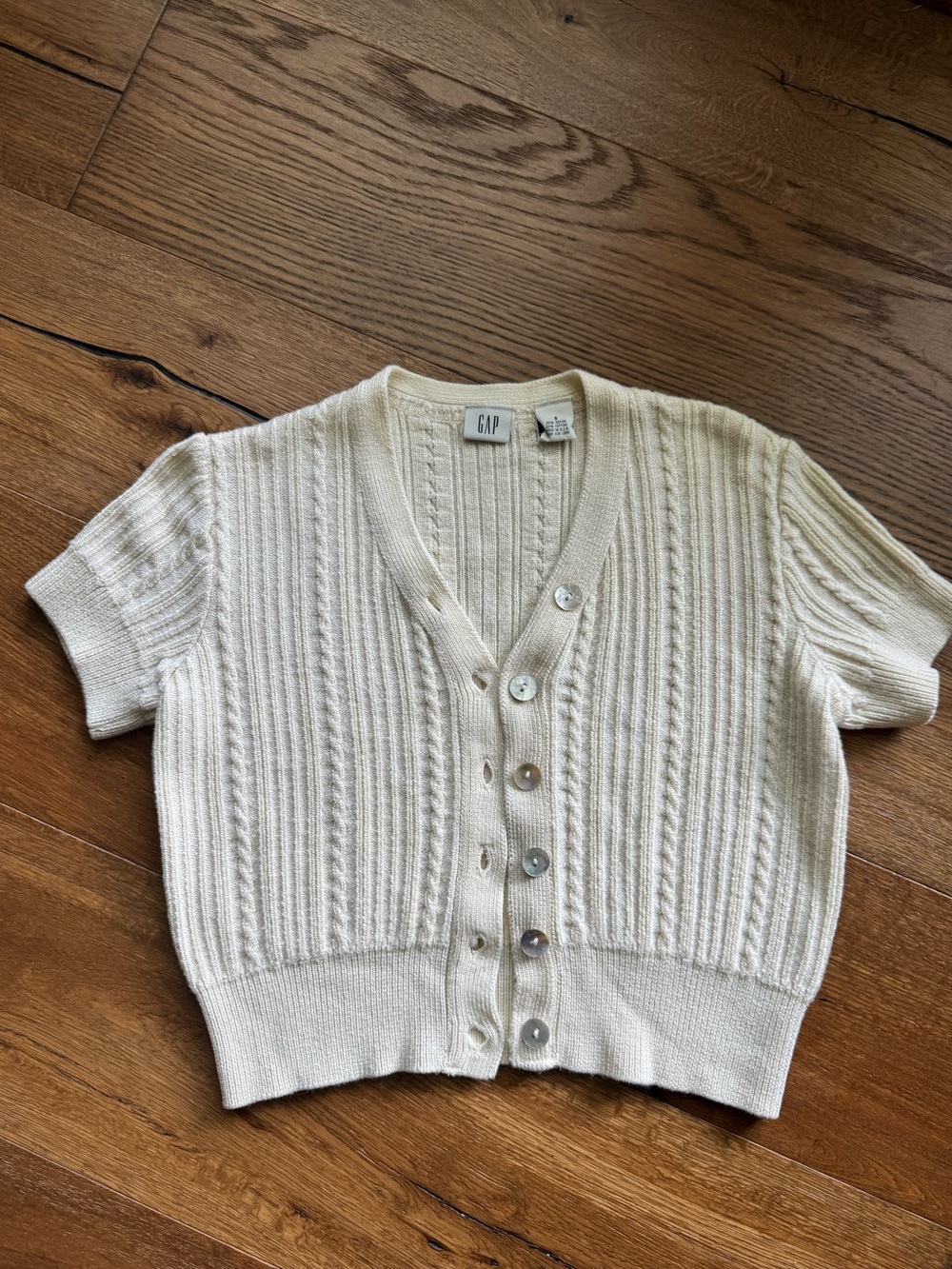 GAP Cream Cable-Knit Short Sleeve Cardigan Cottagecore 90s Y2K Cropped Nostalgic